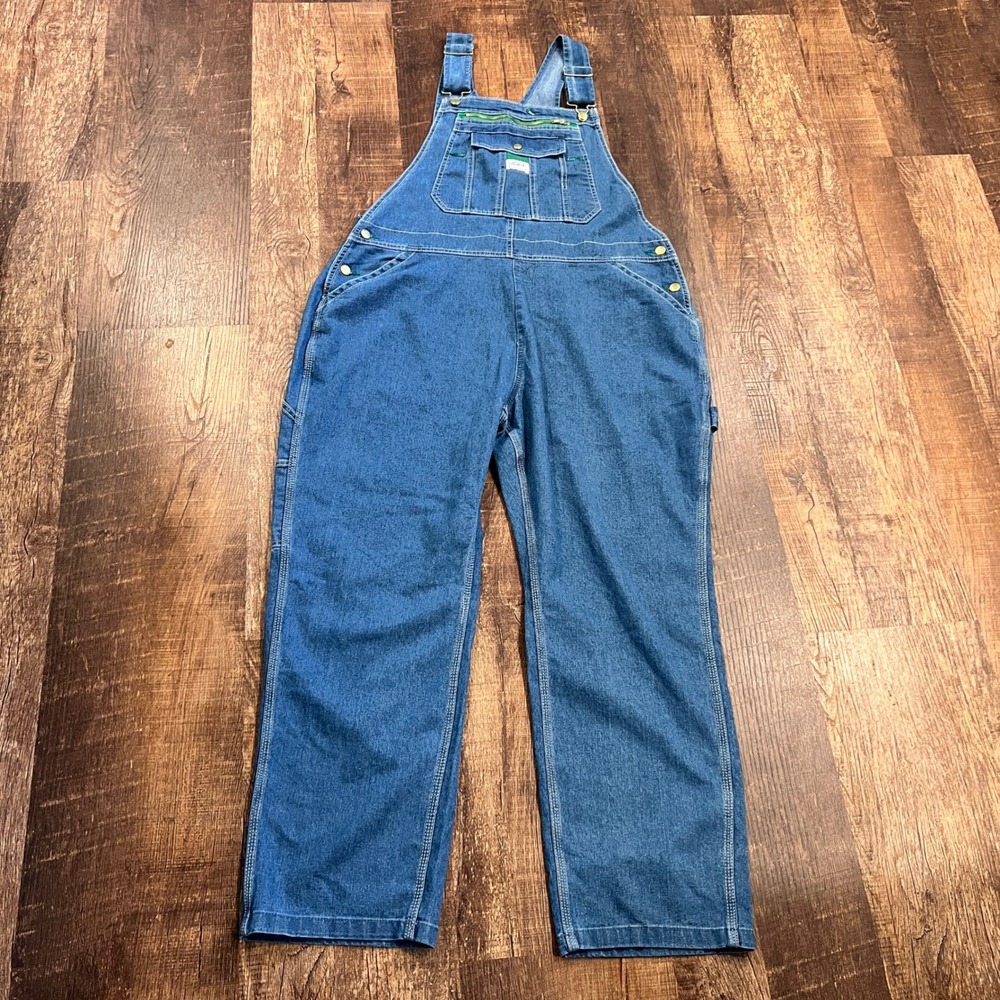 Liberty Womens Denim Bib Overalls Medium Wash Green Accents 1X YBW001LSW - Picture 2 of 6
